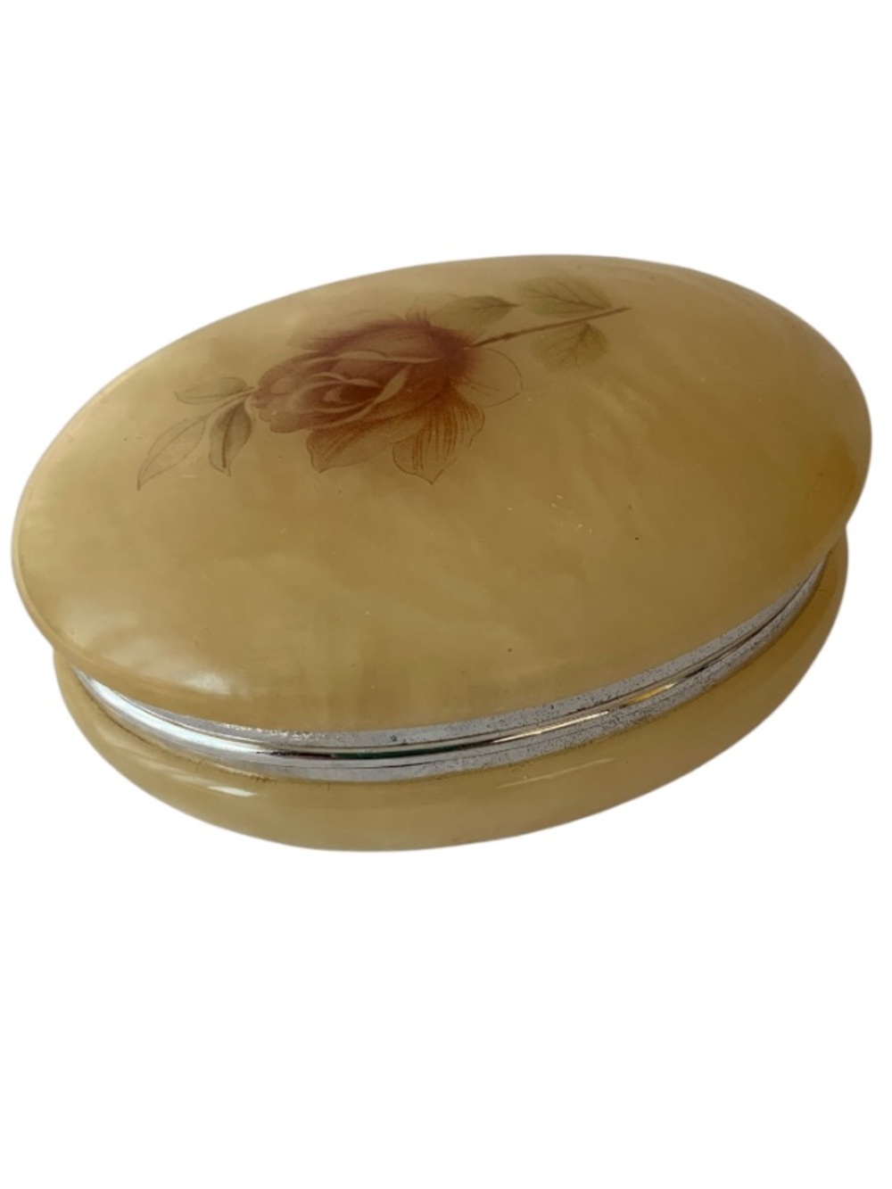 Vintage Italian Genuine Alabaster Hinged Trinket Box Oval Floral Rose Italy
